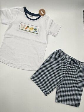 NEW MUD PIE Easter Smocked Short Set Blue Gingham Size 4T-5T